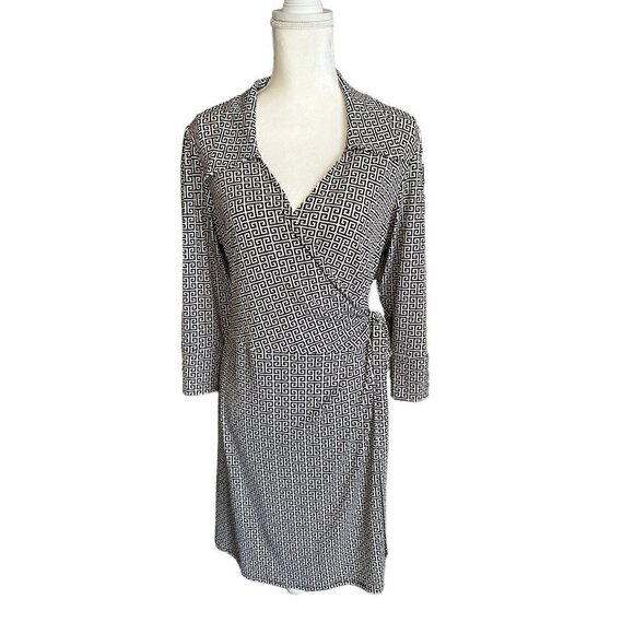 Women's Large Laundry by Shelli Segal Black & White Wrap Dress, 3/4 slee… - Picture 1 of 8